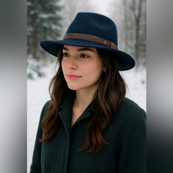 Pistil Soho Felt Wide Brim Navy Wool Hat Brown leather band Fedora One Size - Picture 1 of 5